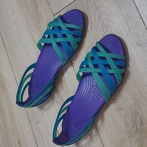 Crocs Huarache Mini Wedge Strappy Sandals Purple Green Women's Size 7 US